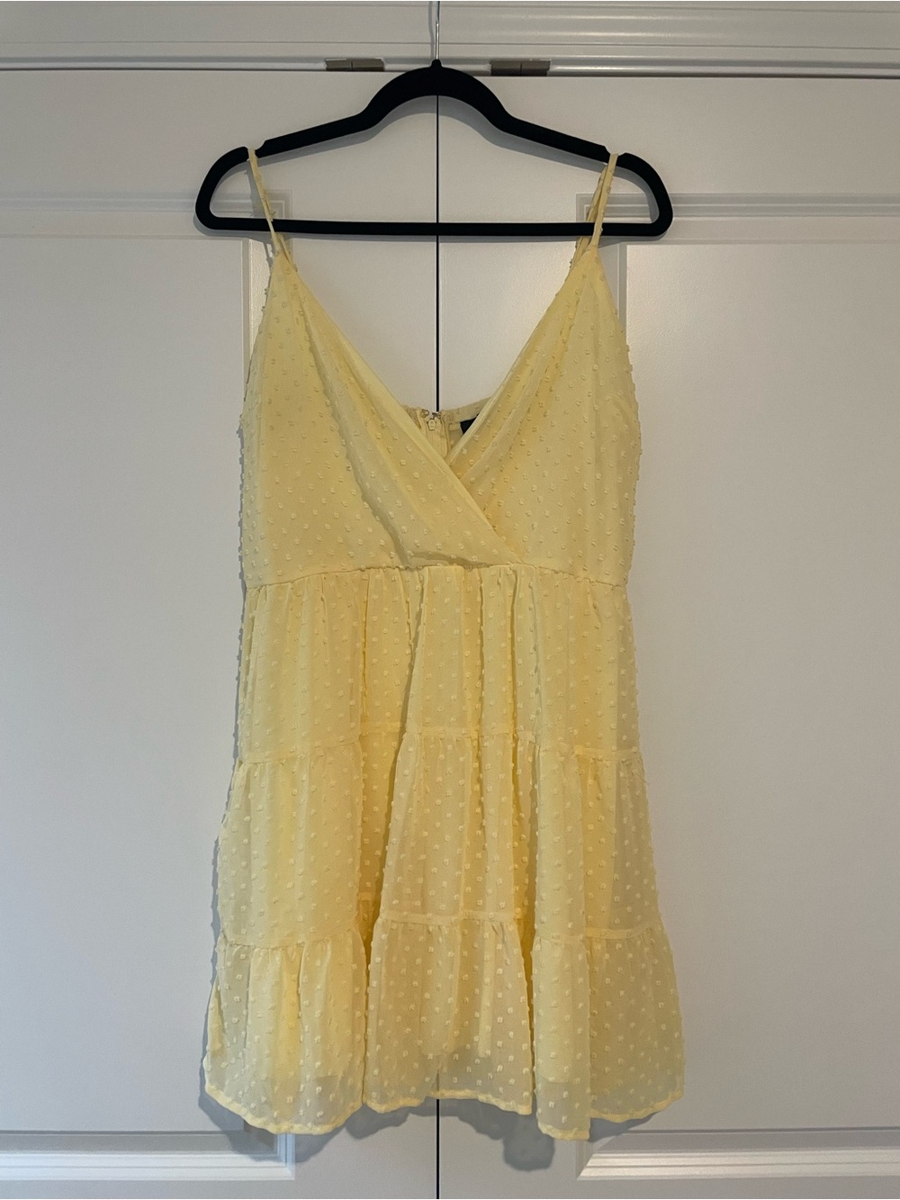 Trixxi Pale Yellow Swiss Dot Tiered Spaghetti Strap Dress